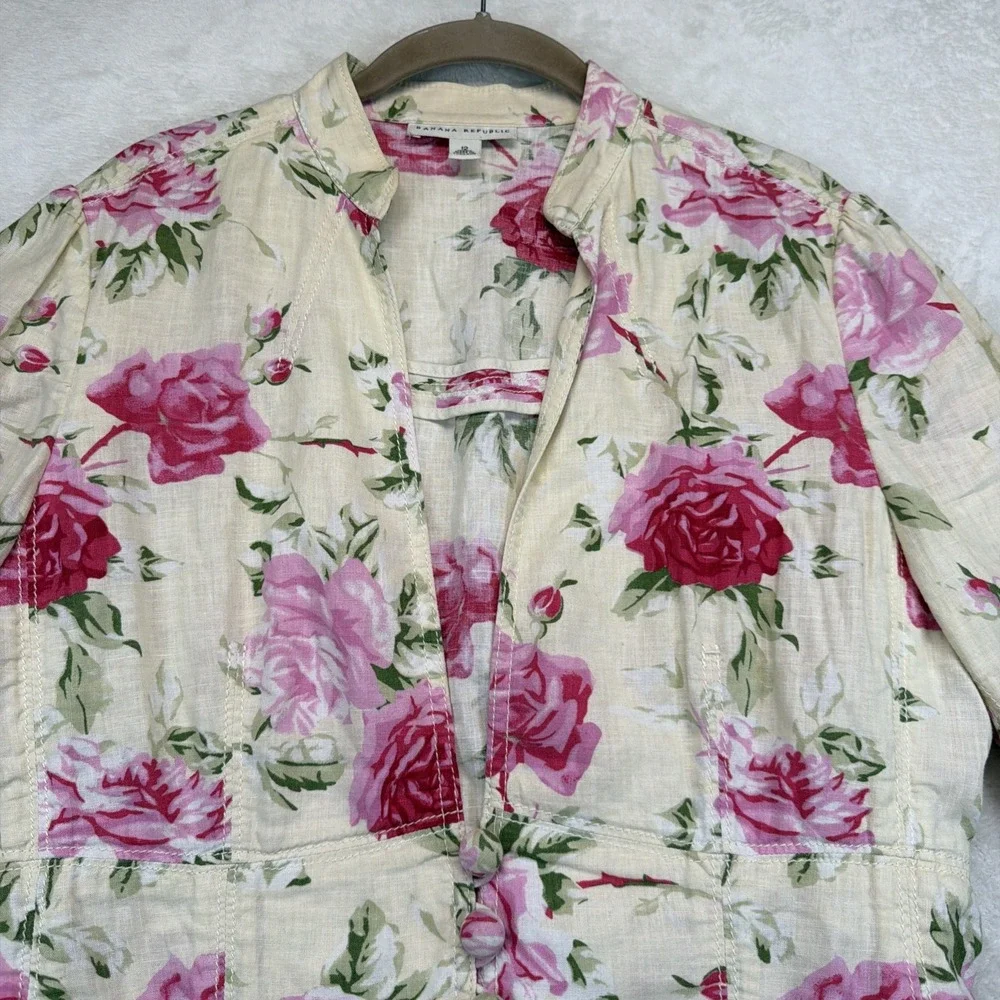 Banana Republic Blazer Womens 12 Linen Blend Floral Rose Print Cottagecore